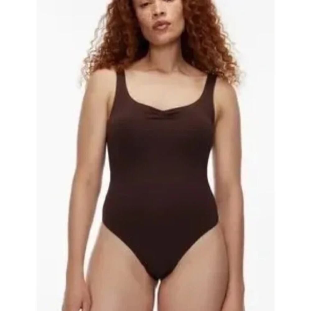 Aritzia Babaton Tank Bodysuit Women's Large Brown Ruched Contour Sweetheart